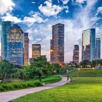 Houston Texas downtown cityscape with park in foreground