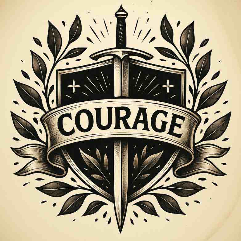 An illustrated crest with Courage written over the top, a sword in the background
