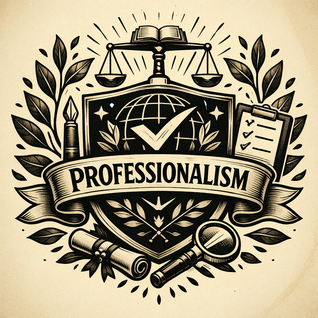 A black crest on a beige background with Professionalism written on a banner across the centre. The crest includes an image of balanced scales a globe, a checklist ticked off and a pen.