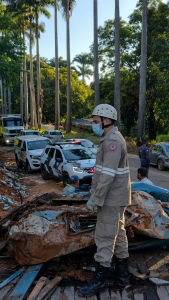  A firefighter in protective clothing stands in wreckage looking out at cars and a street lined with trees.